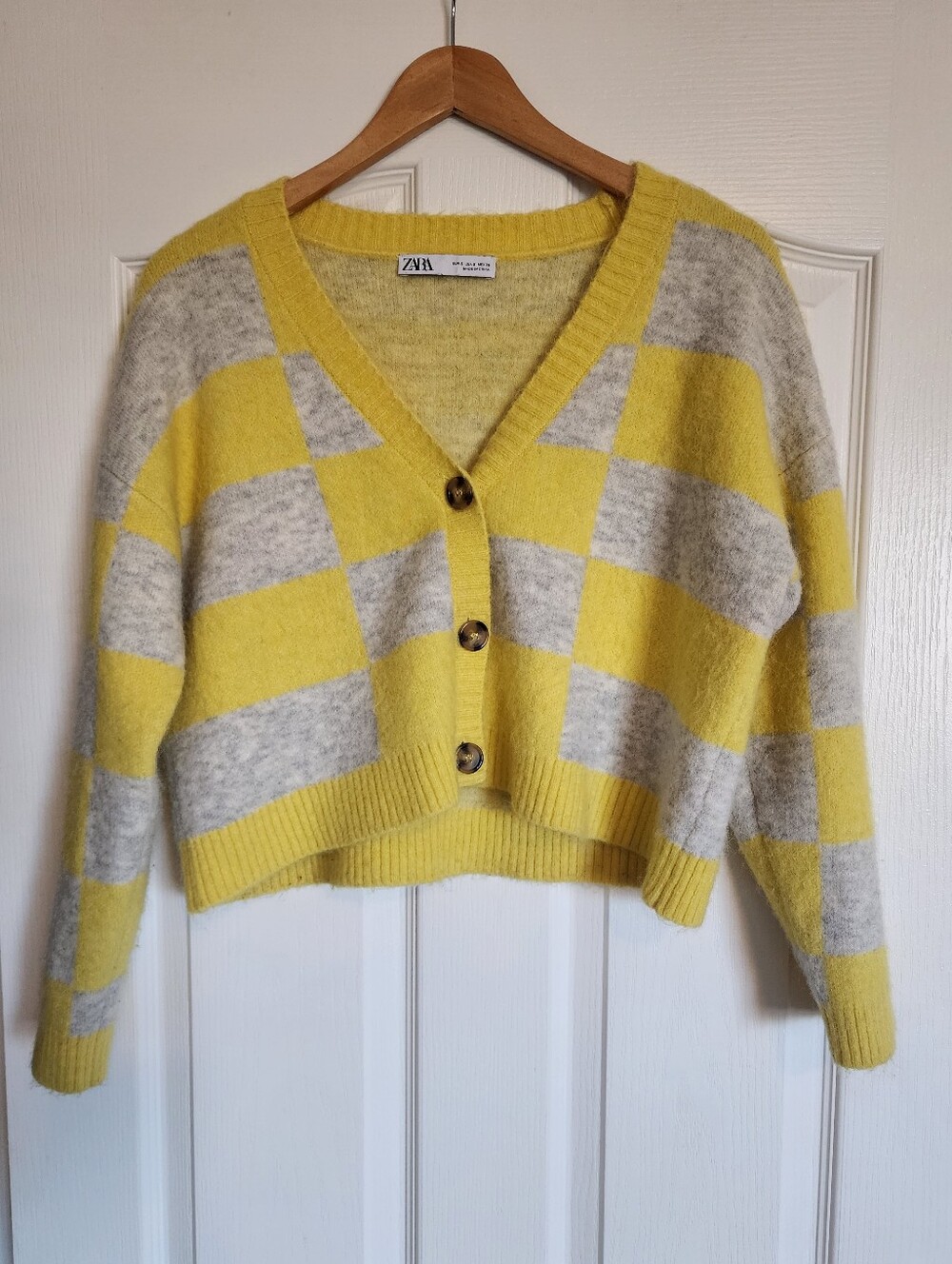 🌟 VIRAL ZARA Y2K Checkerboard Knit Cardigan Cropped Cottagecore Checkered Sz S - Picture 1 of 8